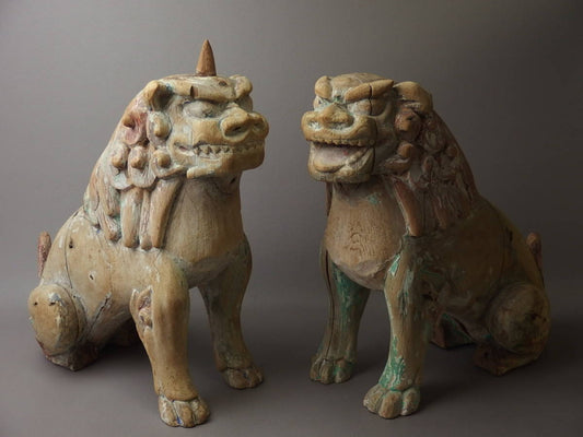 Edo Wooden Komainu Guardian Lion Dog Pair Temple Shrine Sculptures Antique Japanese Folk Art