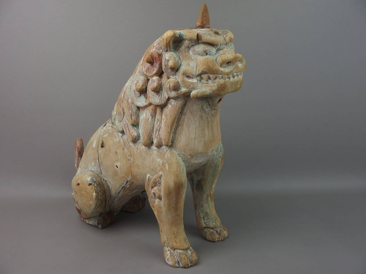 Edo Wooden Komainu Guardian Lion Dog Pair Temple Shrine Sculptures Antique Japanese Folk Art