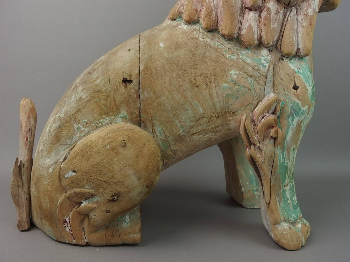 Edo Wooden Komainu Guardian Lion Dog Pair Temple Shrine Sculptures Antique Japanese Folk Art