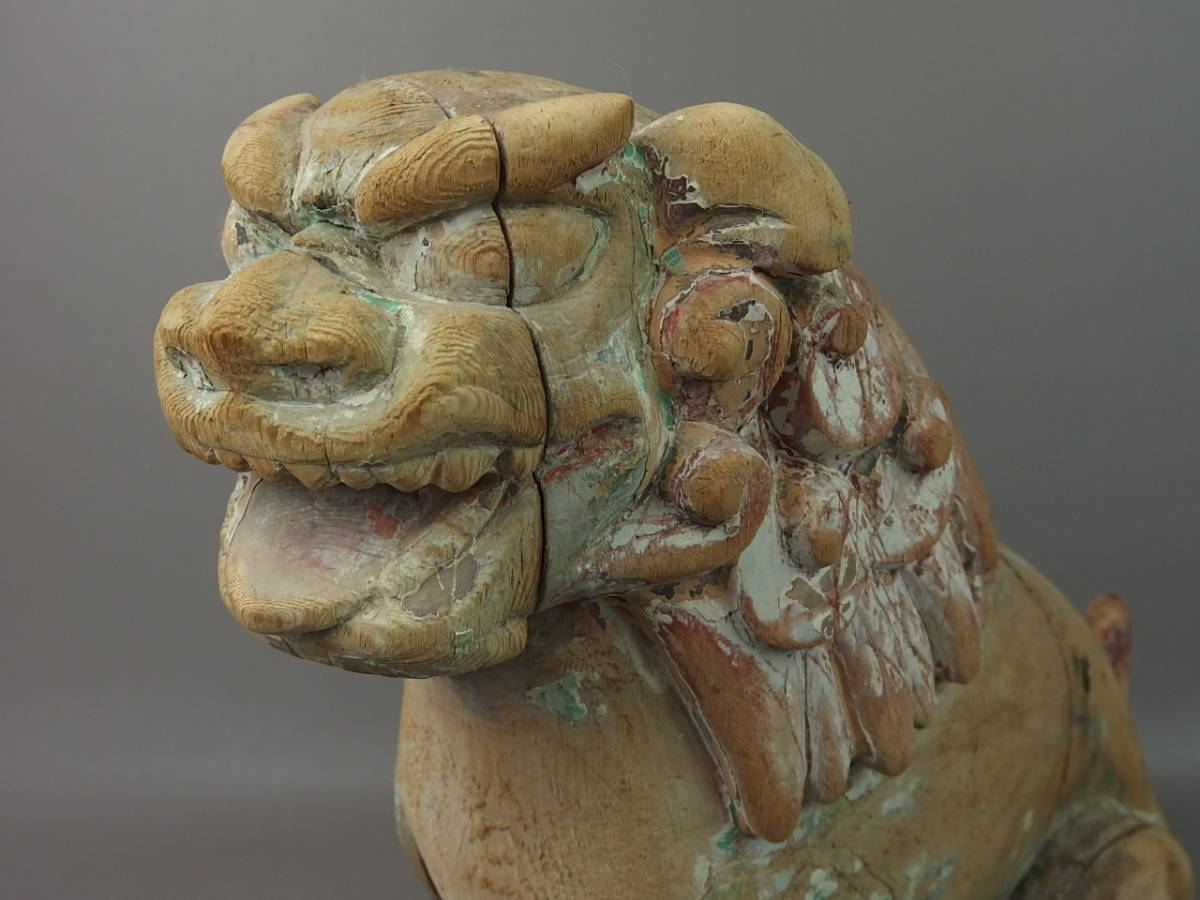 Edo Wooden Komainu Guardian Lion Dog Pair Temple Shrine Sculptures Antique Japanese Folk Art