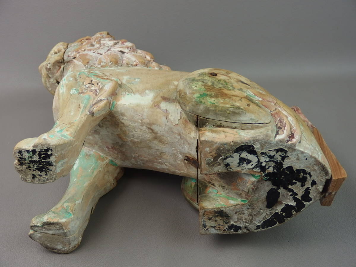 Edo Wooden Komainu Guardian Lion Dog Pair Temple Shrine Sculptures Antique Japanese Folk Art