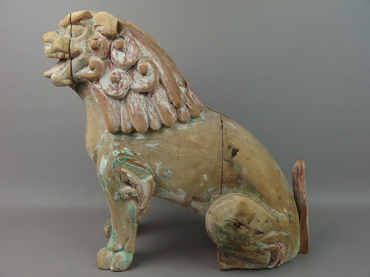 Edo Wooden Komainu Guardian Lion Dog Pair Temple Shrine Sculptures Antique Japanese Folk Art