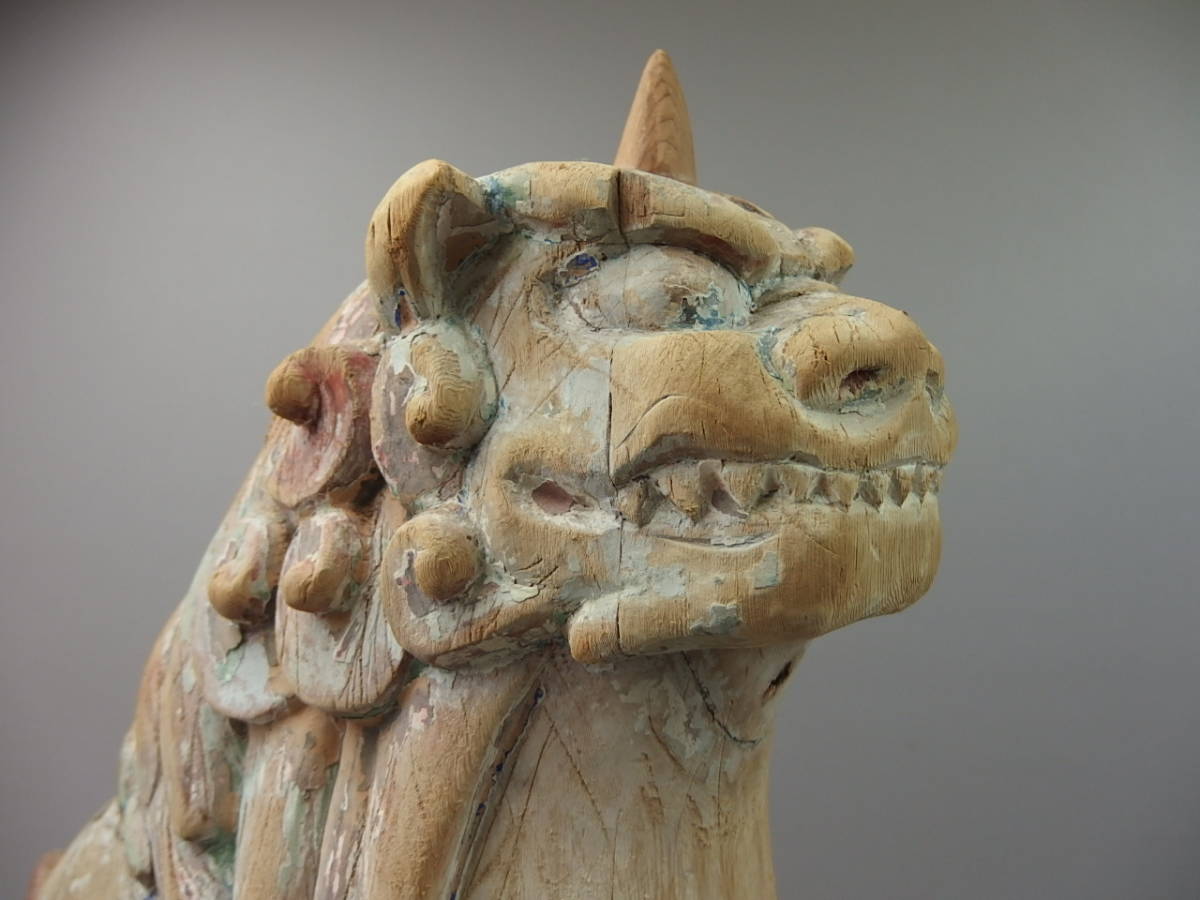 Edo Wooden Komainu Guardian Lion Dog Pair Temple Shrine Sculptures Antique Japanese Folk Art