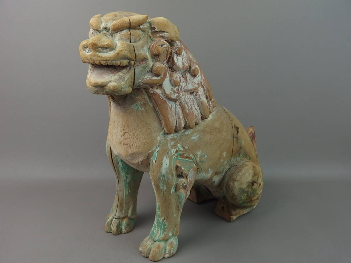 Edo Wooden Komainu Guardian Lion Dog Pair Temple Shrine Sculptures Antique Japanese Folk Art