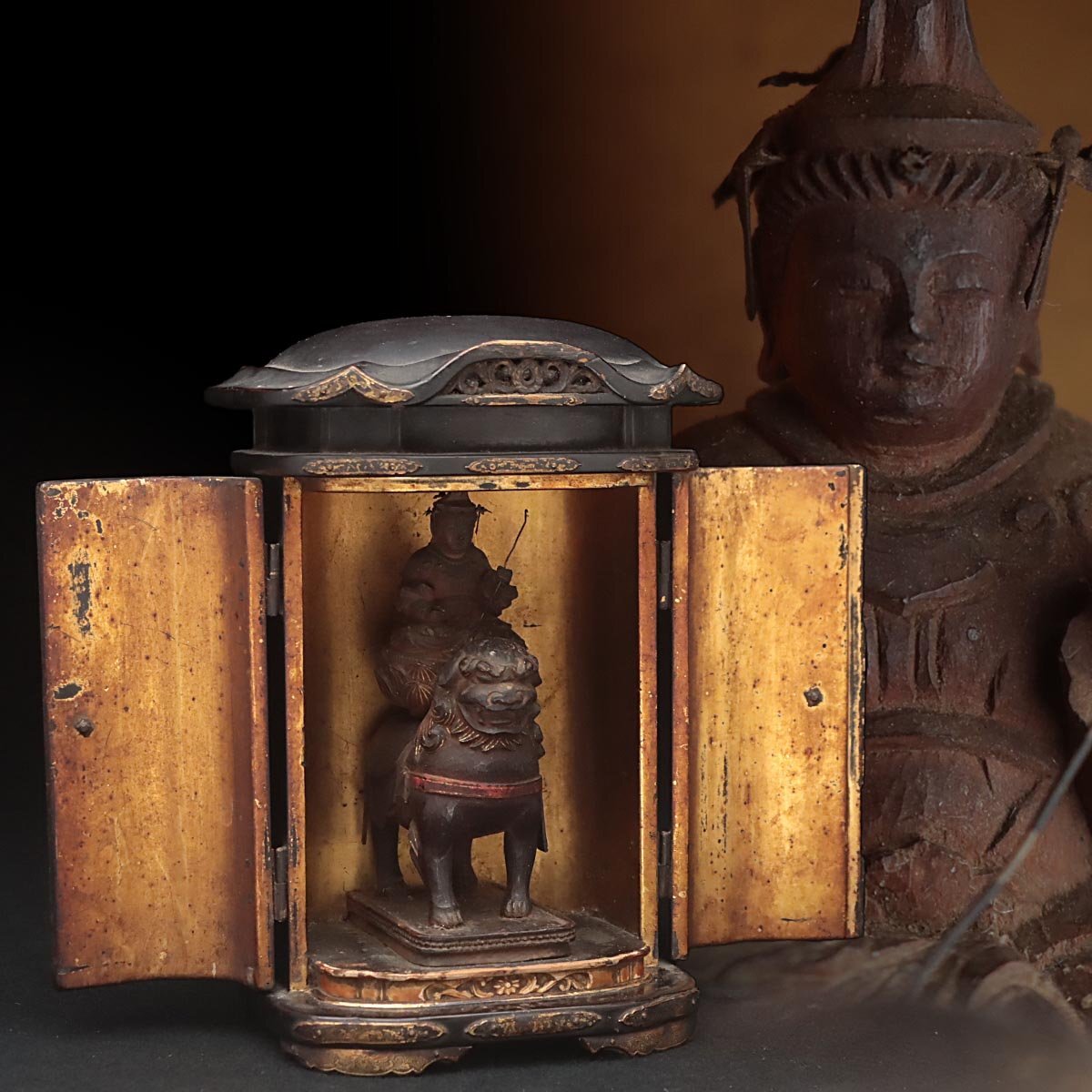 Edo Period Monju Bosatsu Zushi with Lion Mount | Wooden Buddhist Shrine Cabinet | Japanese Sacred Sculpture