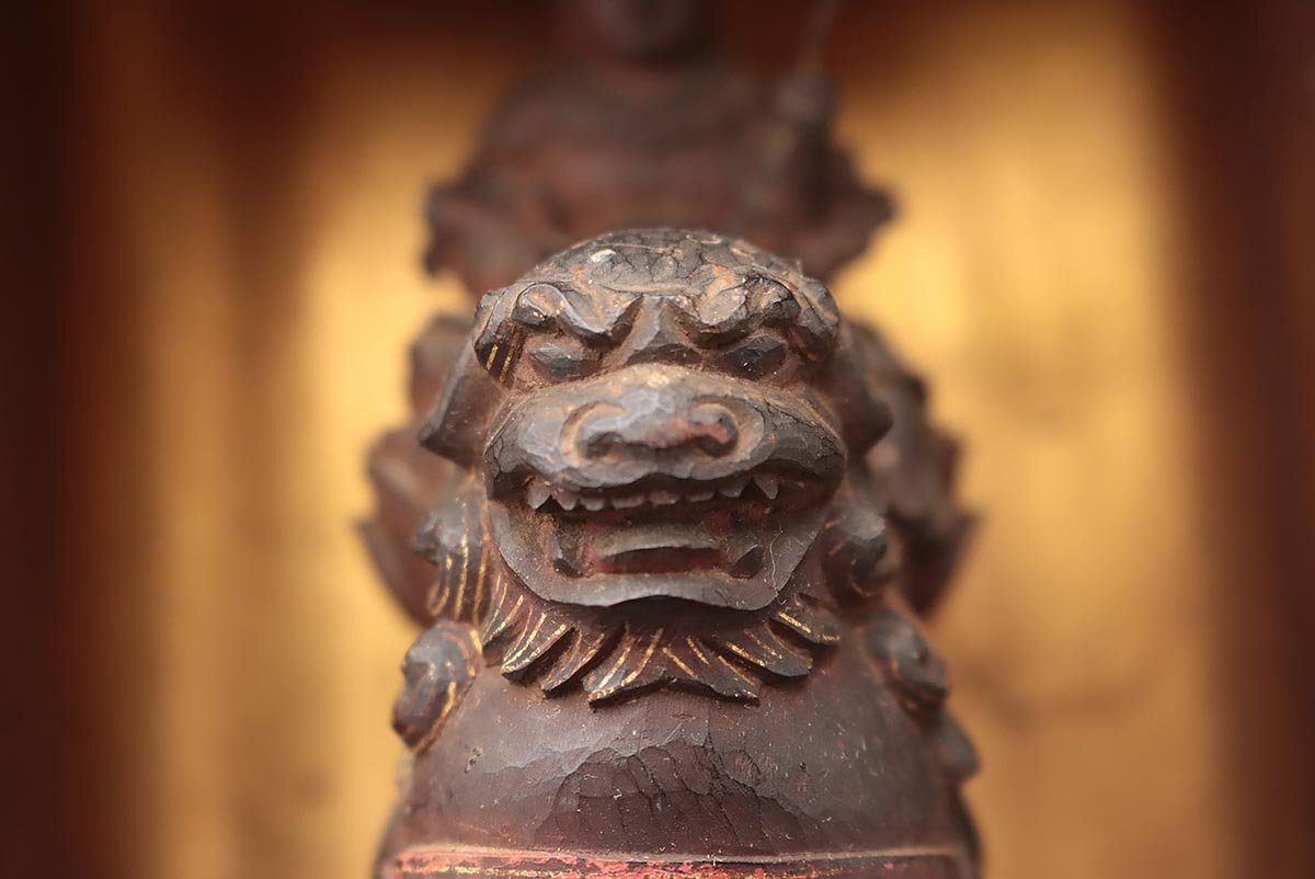 Edo Period Monju Bosatsu Zushi with Lion Mount | Wooden Buddhist Shrine Cabinet | Japanese Sacred Sculpture