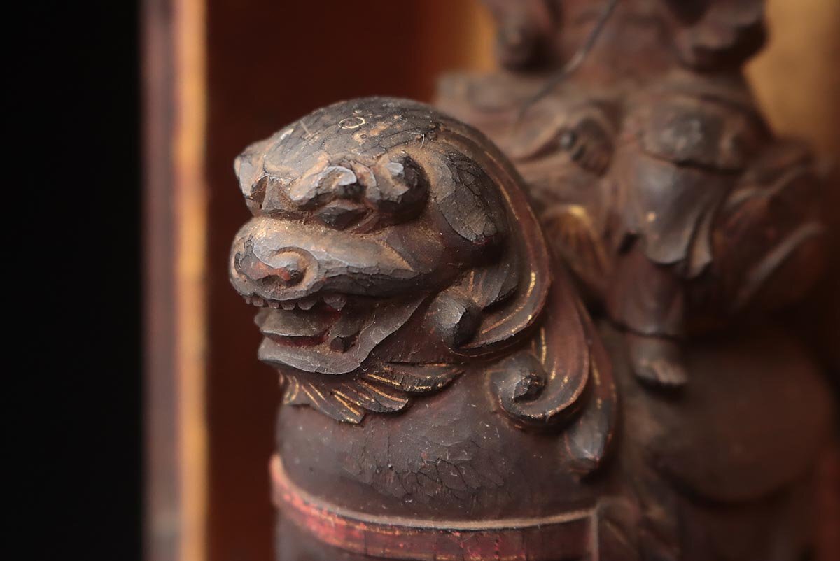 Edo Period Monju Bosatsu Zushi with Lion Mount | Wooden Buddhist Shrine Cabinet | Japanese Sacred Sculpture