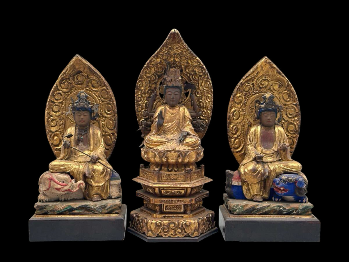 Edo Period Yakushi Nyorai Triad | Gilt & Polychrome Wooden Buddhist Sculptures | Healing Buddha with Nikko & Gakko