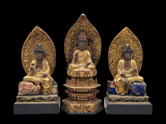 Edo Period Yakushi Nyorai Triad | Gilt & Polychrome Wooden Buddhist Sculptures | Healing Buddha with Nikko & Gakko