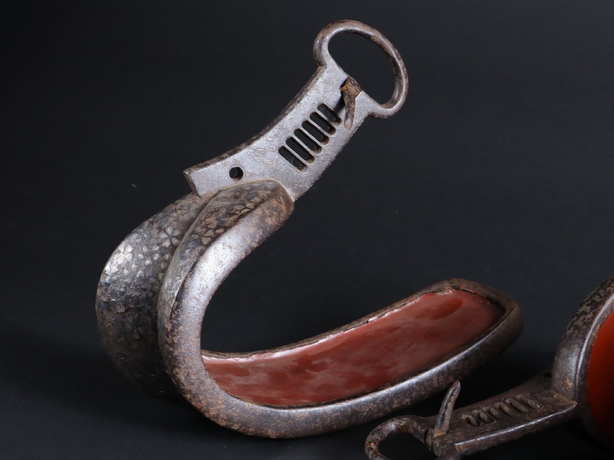 Edo Period Iron Abumi Stirrup Pair with Silver Inlay — Samurai Horse Gear Artifact