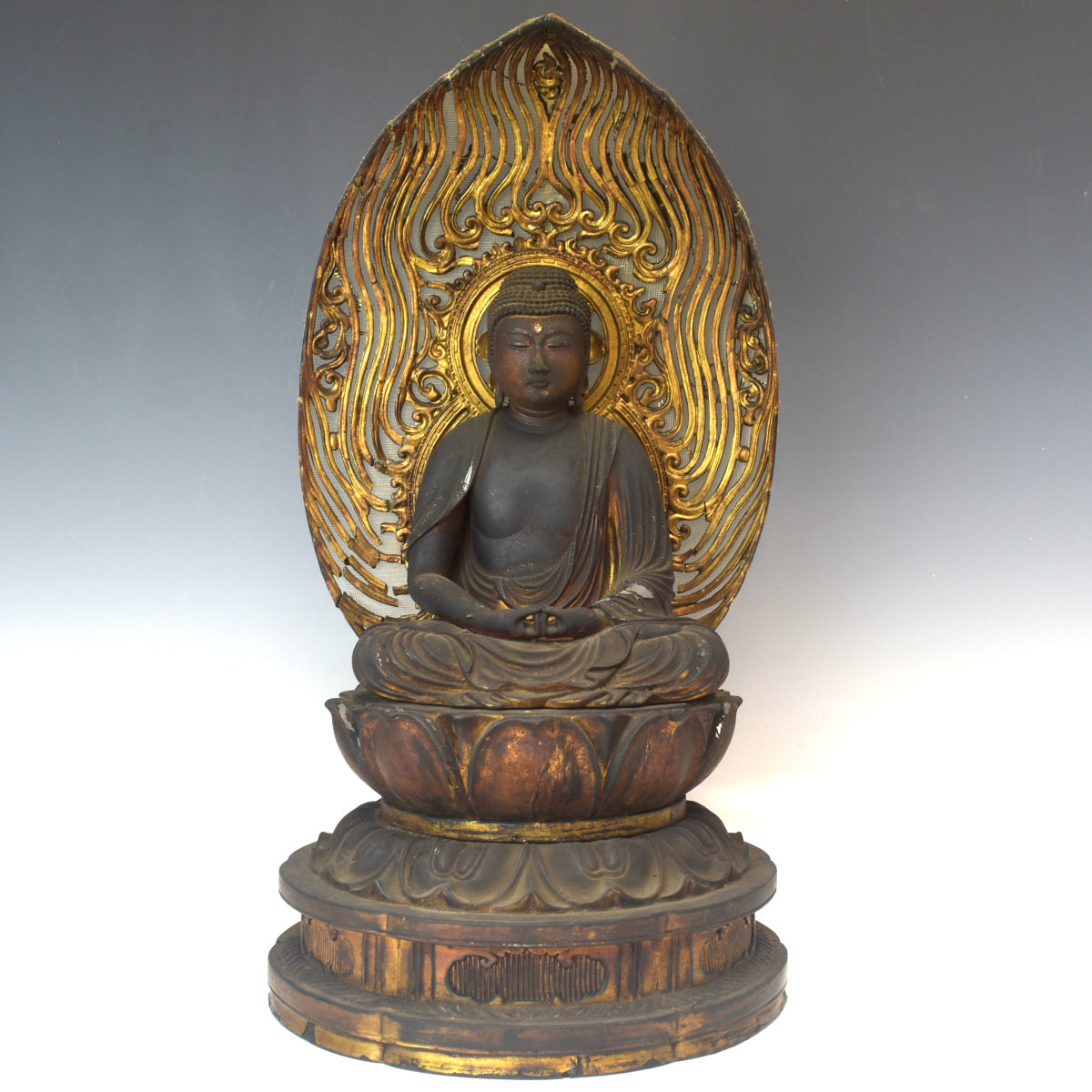Edo Seated Amida Nyorai with Gyokugan Eyes (47 cm) — Radiant Halo Icon, Temple-Grade Presence
