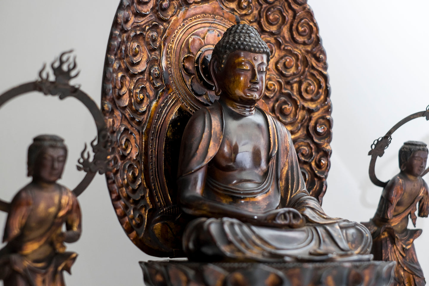 Edo–Meiji Period Gilt Wooden Amida Nyorai Kannon Seishi Bosatsu Triad Sculpture Set