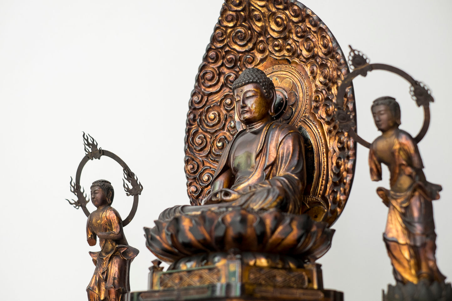 Edo–Meiji Period Gilt Wooden Amida Nyorai Kannon Seishi Bosatsu Triad Sculpture Set