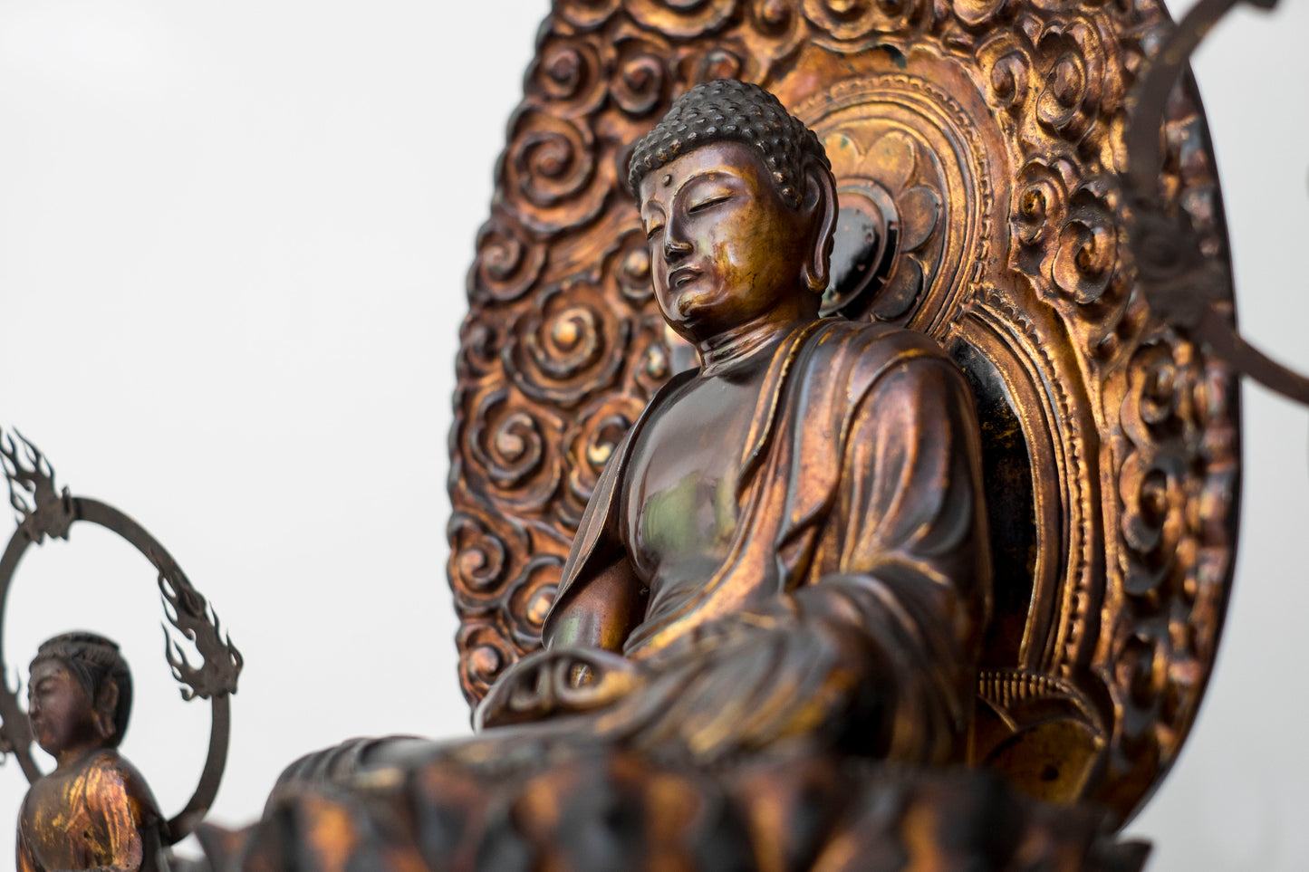 Edo–Meiji Period Gilt Wooden Amida Nyorai Kannon Seishi Bosatsu Triad Sculpture Set