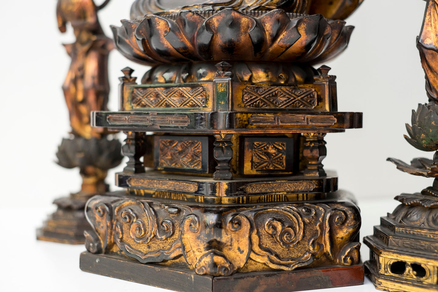 Edo–Meiji Period Gilt Wooden Amida Nyorai Kannon Seishi Bosatsu Triad Sculpture Set