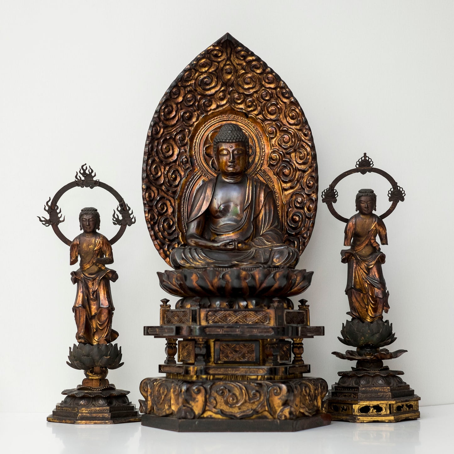 Edo–Meiji Period Gilt Wooden Amida Nyorai Kannon Seishi Bosatsu Triad Sculpture Set
