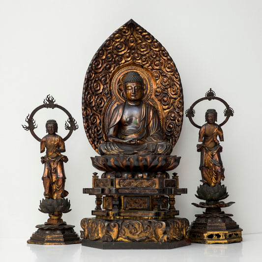 Edo–Meiji Period Gilt Wooden Amida Nyorai Kannon Seishi Bosatsu Triad Sculpture Set
