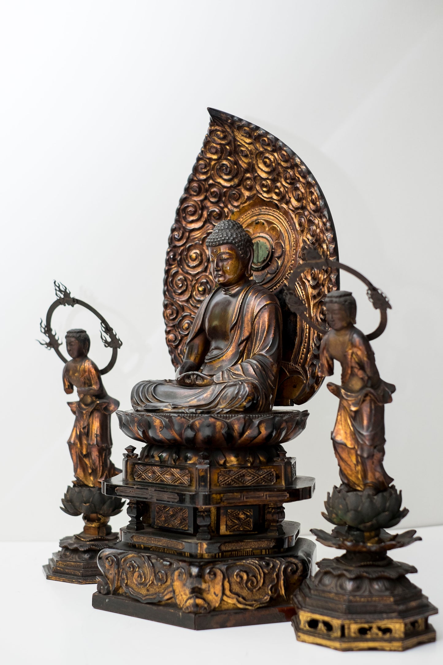 Edo–Meiji Period Gilt Wooden Amida Nyorai Kannon Seishi Bosatsu Triad Sculpture Set