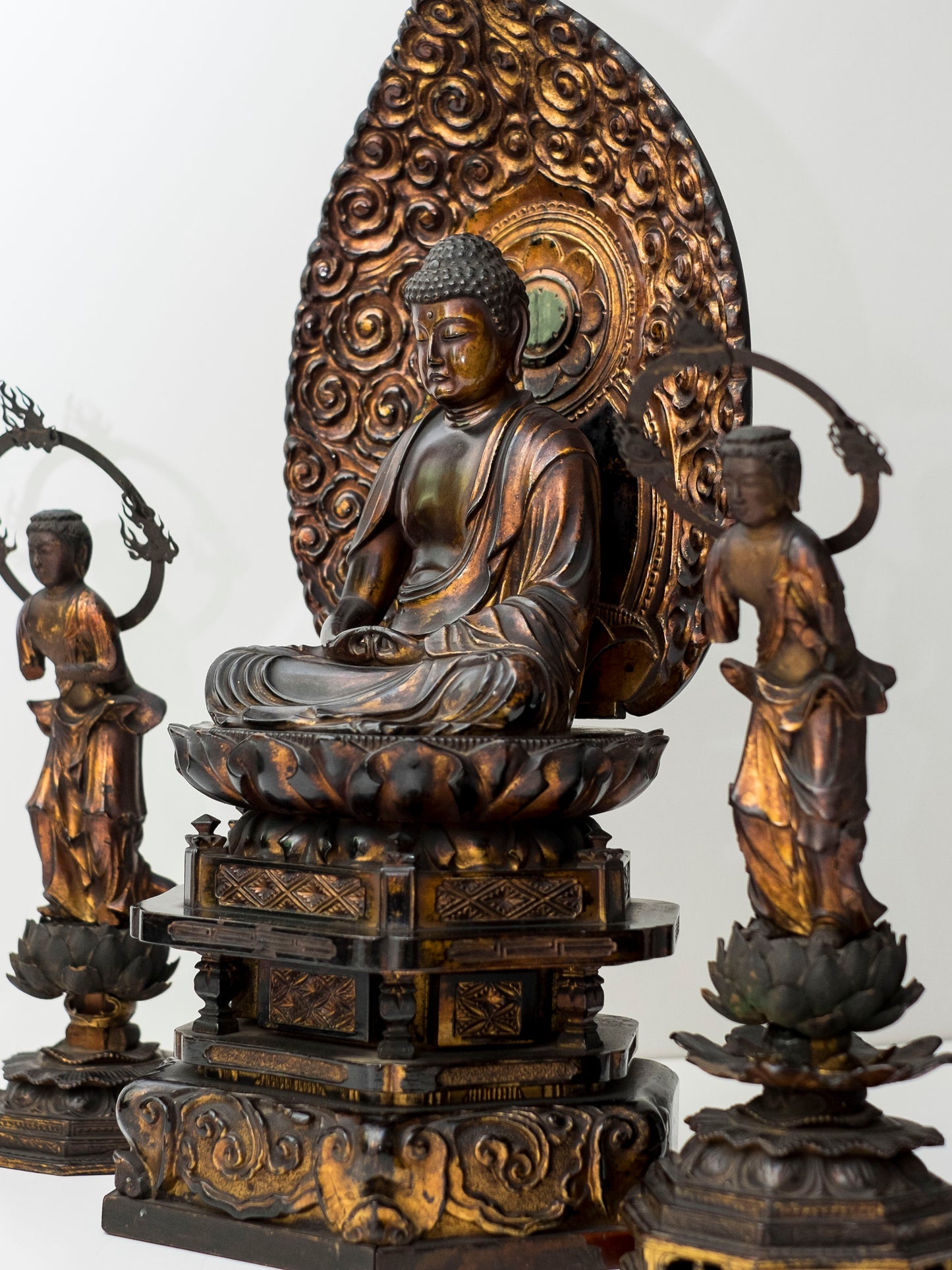 Edo–Meiji Period Gilt Wooden Amida Nyorai Kannon Seishi Bosatsu Triad Sculpture Set