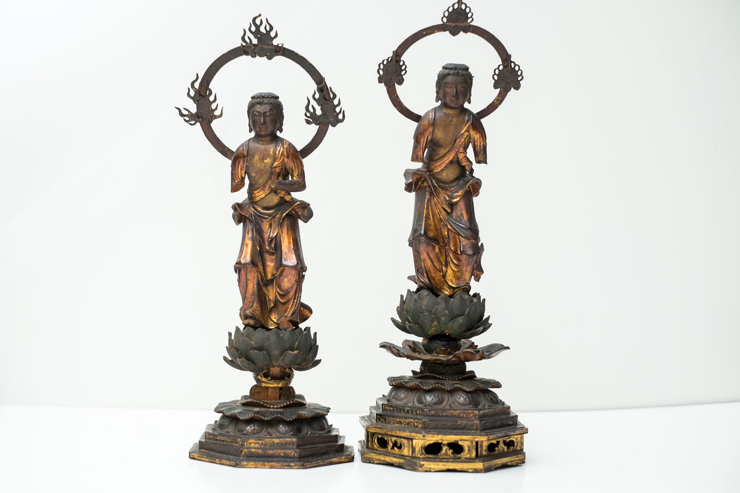 Edo–Meiji Period Gilt Wooden Amida Nyorai Kannon Seishi Bosatsu Triad Sculpture Set
