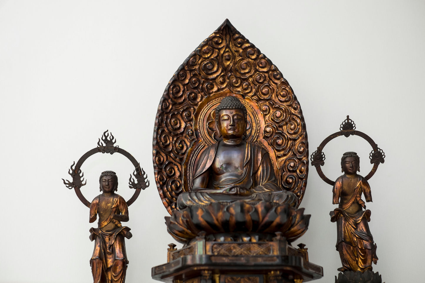 Edo–Meiji Period Gilt Wooden Amida Nyorai Kannon Seishi Bosatsu Triad Sculpture Set