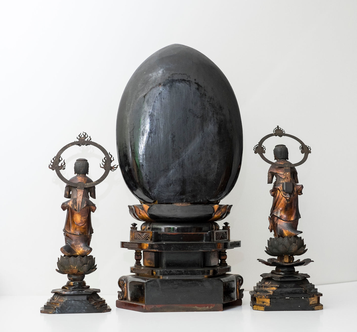 Edo–Meiji Period Gilt Wooden Amida Nyorai Kannon Seishi Bosatsu Triad Sculpture Set