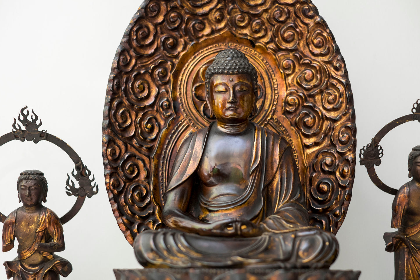Edo–Meiji Period Gilt Wooden Amida Nyorai Kannon Seishi Bosatsu Triad Sculpture Set