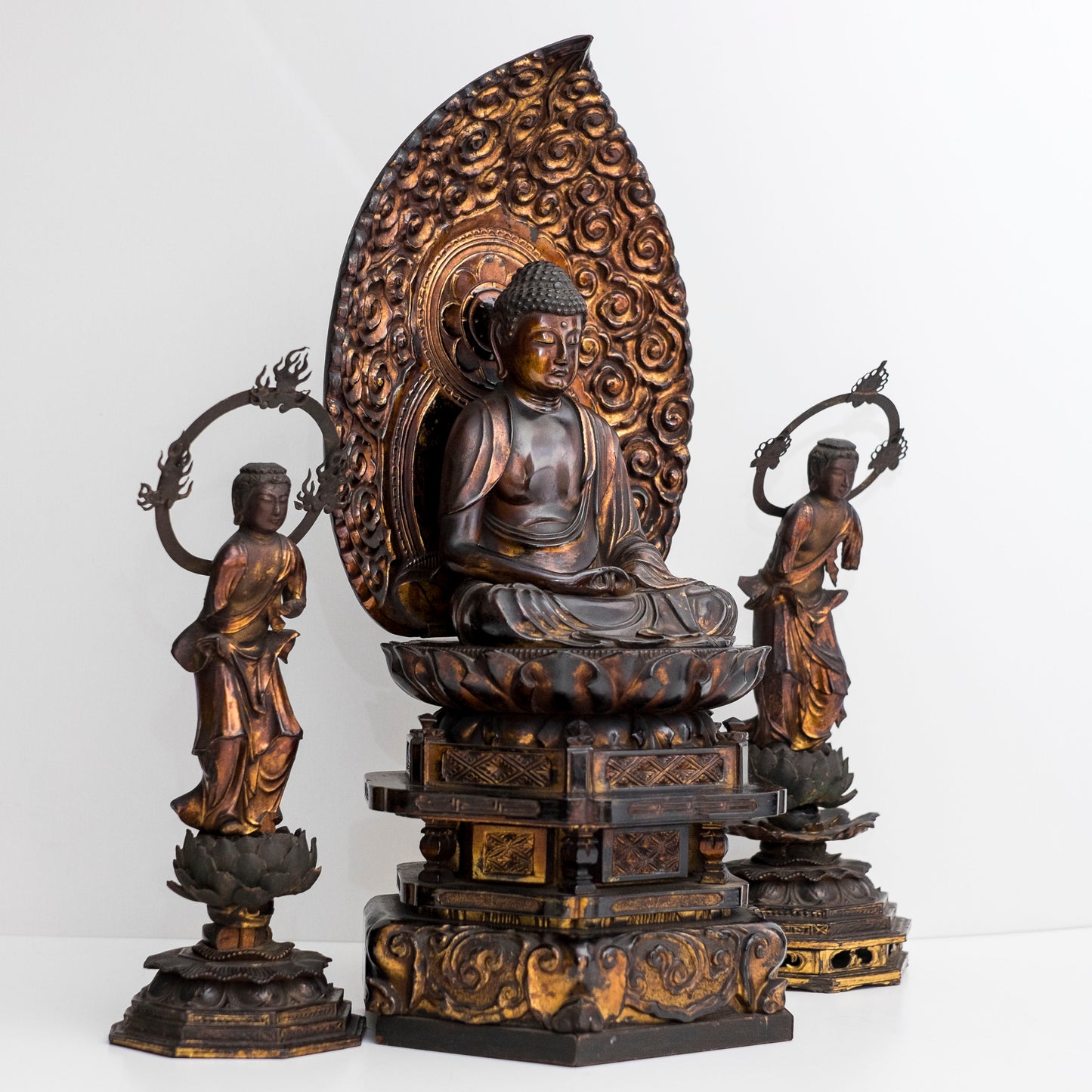 Edo–Meiji Period Gilt Wooden Amida Nyorai Kannon Seishi Bosatsu Triad Sculpture Set