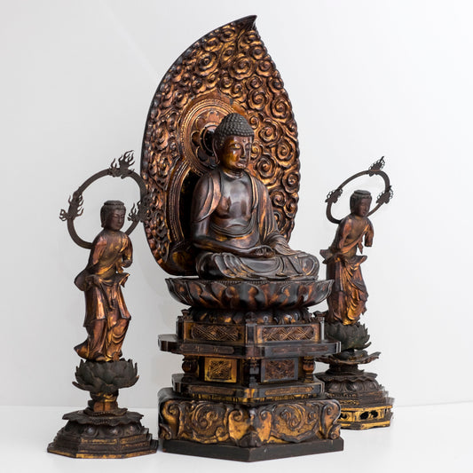 Edo–Meiji Gilt Wood Amida Nyorai Triad with Kannon and Seishi in Temple-Style Zushi Shrine, 68 cm