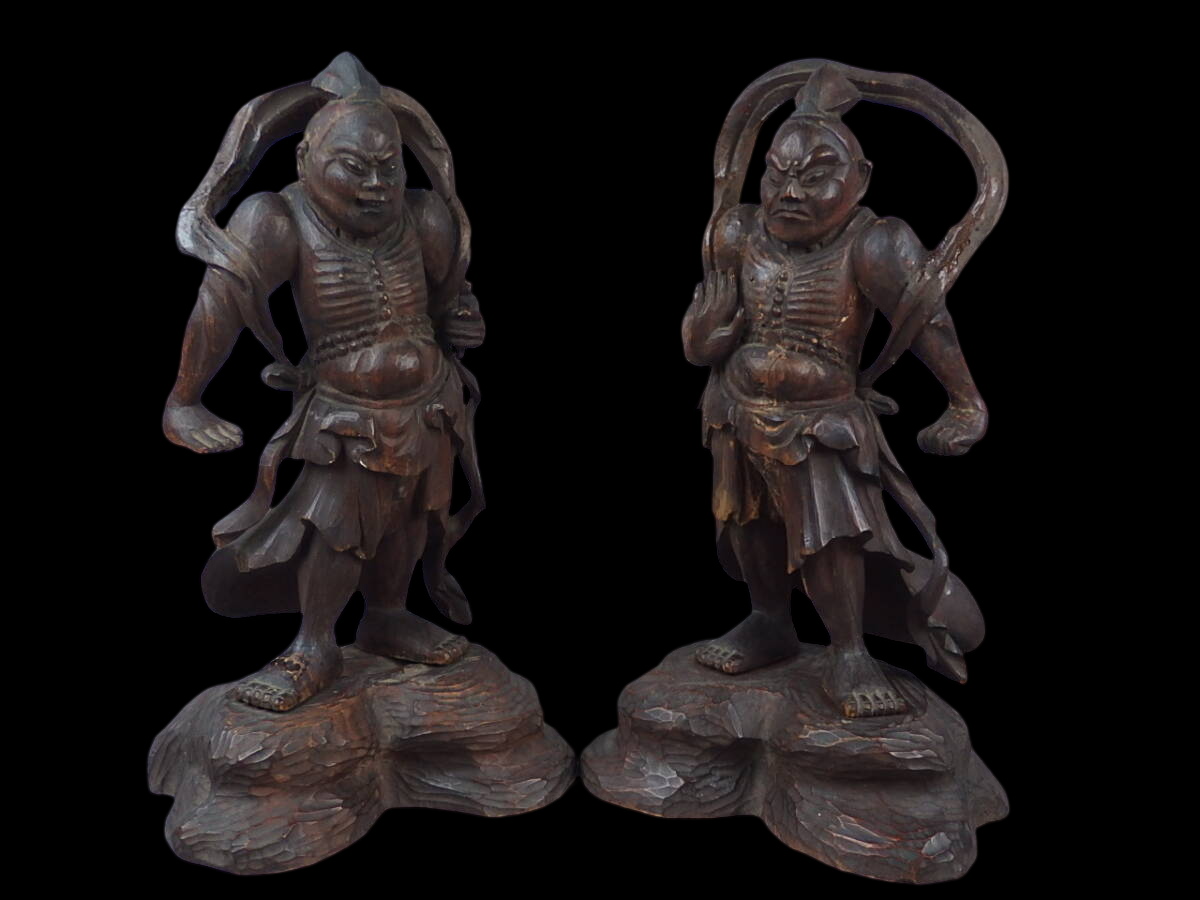 Edo‑Period Wooden Niō Guardians (Agyō & Ungyō) — Paired Temple Protectors, Dynamic Carving, Late Edo–Meiji Transition