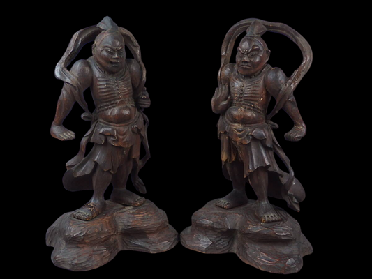 Edo‑Period Wooden Niō Guardians (Agyō & Ungyō) — Paired Temple Protectors, Dynamic Carving, Late Edo–Meiji Transition