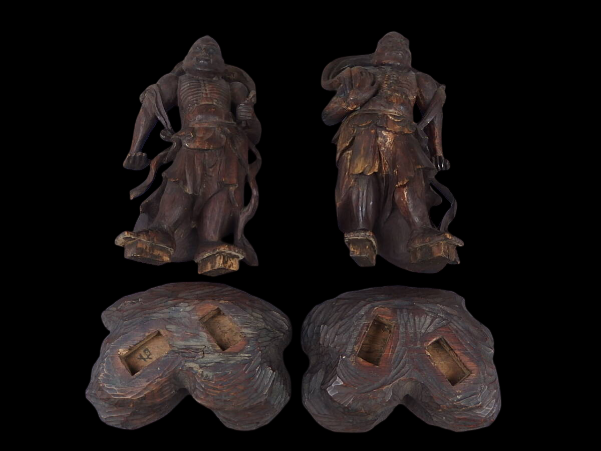 Edo‑Period Wooden Niō Guardians (Agyō & Ungyō) — Paired Temple Protectors, Dynamic Carving, Late Edo–Meiji Transition