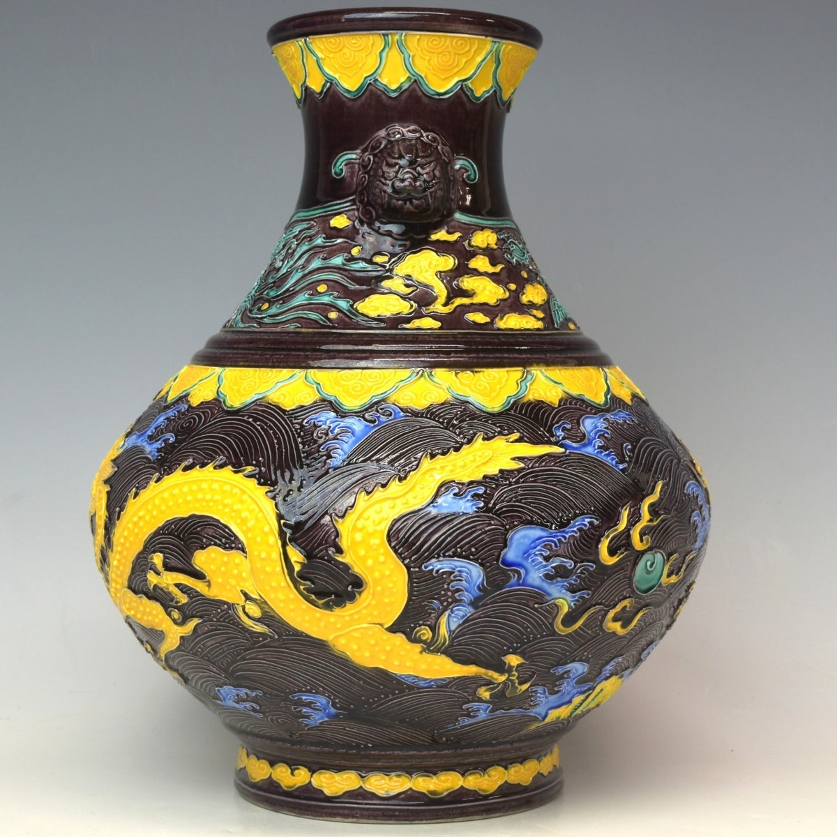 Exquisite Eiraku Zengoro XIV (Myosen) Purple Kochi Dragon & Phoenix Vase — Signed Tomobako — 26 cm Kyoto Ware Masterpiece