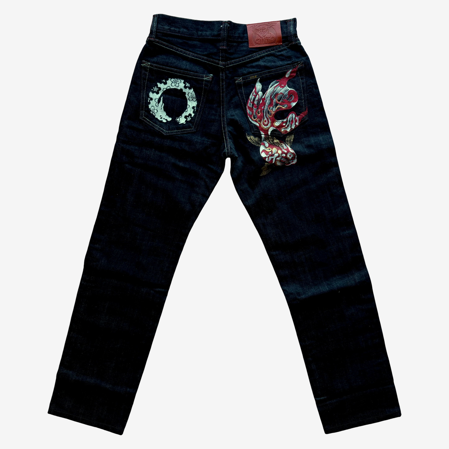 Zen by Kyoto Premium Hand-Painted Koi Carp Selvedge Denim Jeans | Japanese Artisan Denim | Zen Original Indigo Jeans | W30