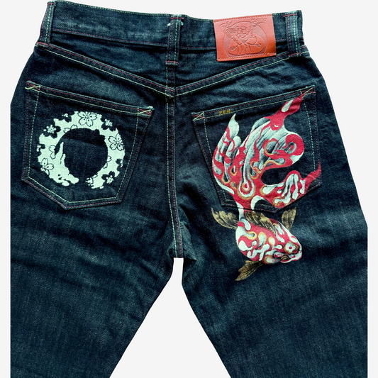 Zen by Kyoto Premium Hand-Painted Koi Carp Selvedge Denim Jeans | Japanese Artisan Denim | Zen Original Indigo Jeans | W30