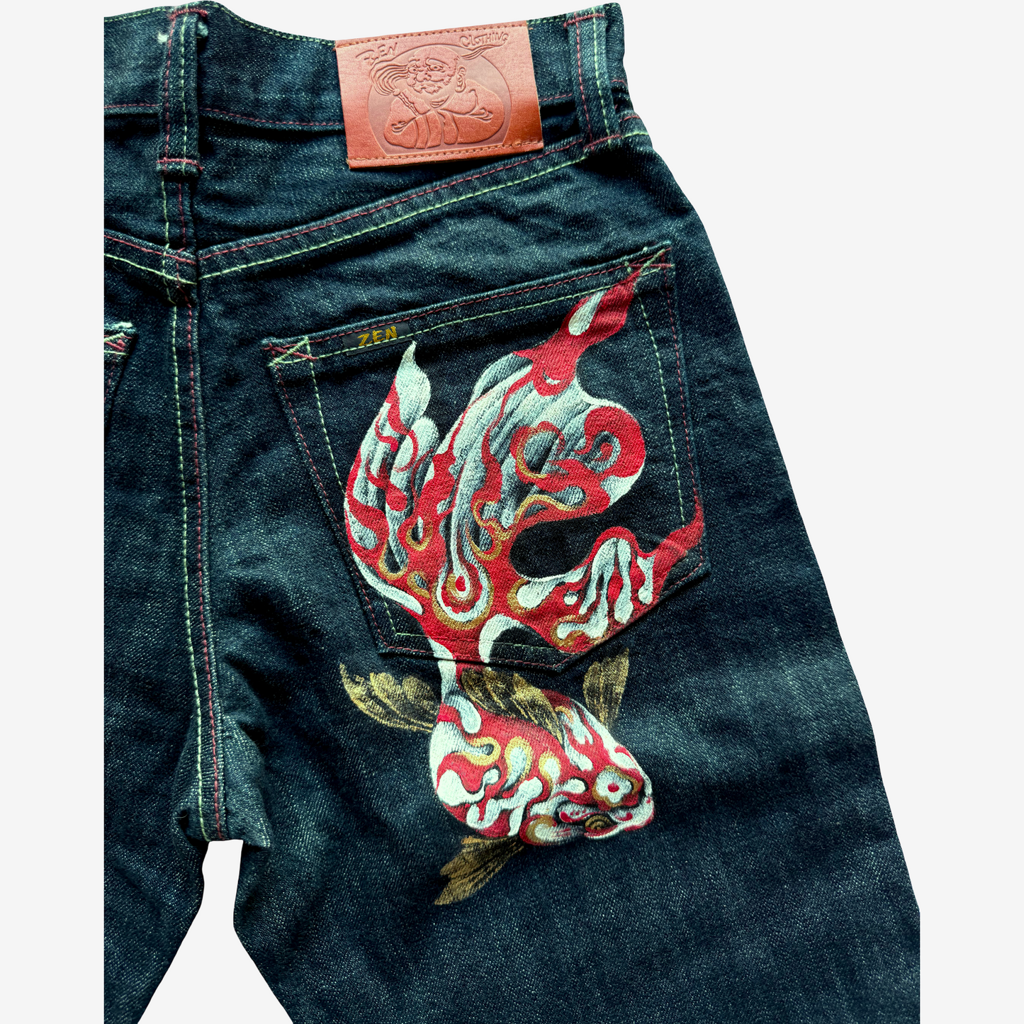 Zen by Kyoto Premium Hand-Painted Koi Carp Selvedge Denim Jeans | Japanese Artisan Denim | Zen Original Indigo Jeans | W30