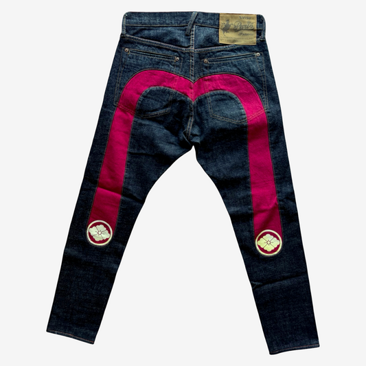 Vintage EVISU Paris No.1460 Daicock Jeans 30x34 Actual L28 Pink Big Seagull Kamon Y2K Denim