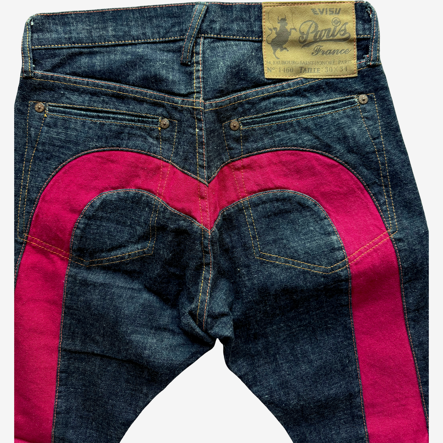 Vintage EVISU Paris No.1460 Daicock Jeans 30x34 Actual L28 Pink Big Seagull Kamon Y2K Denim