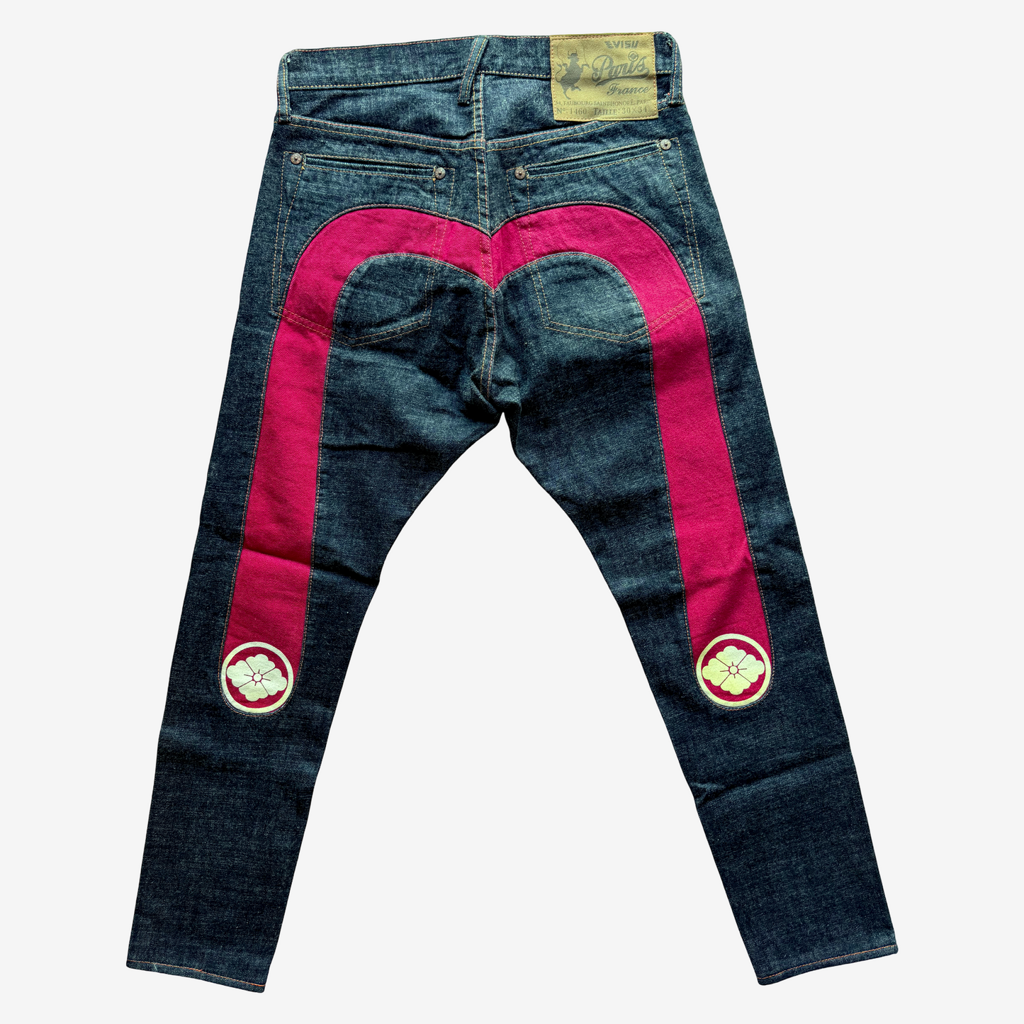 Vintage EVISU Paris No.1460 Daicock Jeans 30x34 Actual L28 Pink Big Seagull Kamon Y2K Denim