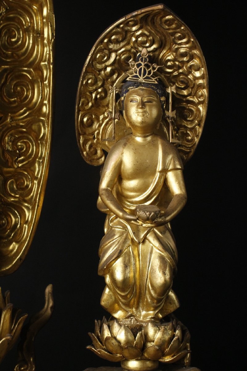 Extra-Large 70cm Giltwood Amida Sanzon Triad Zushi (Gyokugan Eyes) — Black Lacquer Portable Shrine, Edo-Period Style, Museum-Grade Butsuzo