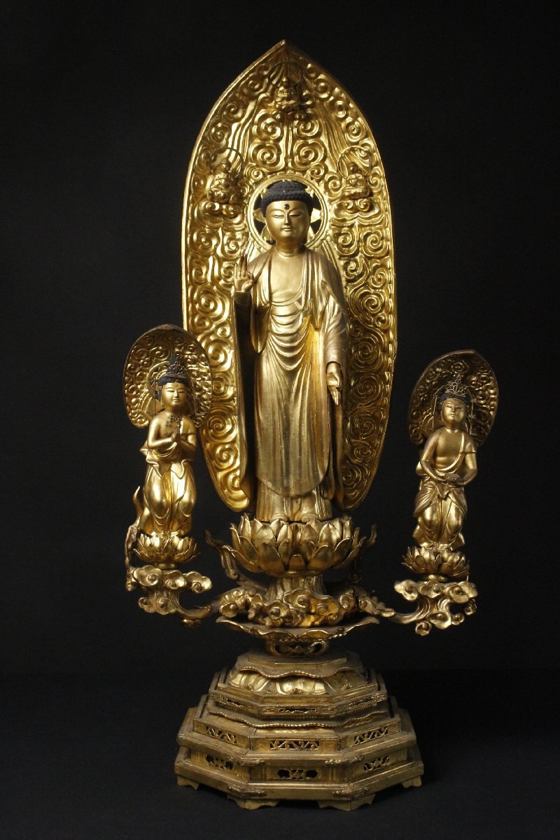 Extra-Large 70cm Giltwood Amida Sanzon Triad Zushi (Gyokugan Eyes) — Black Lacquer Portable Shrine, Edo-Period Style, Museum-Grade Butsuzo