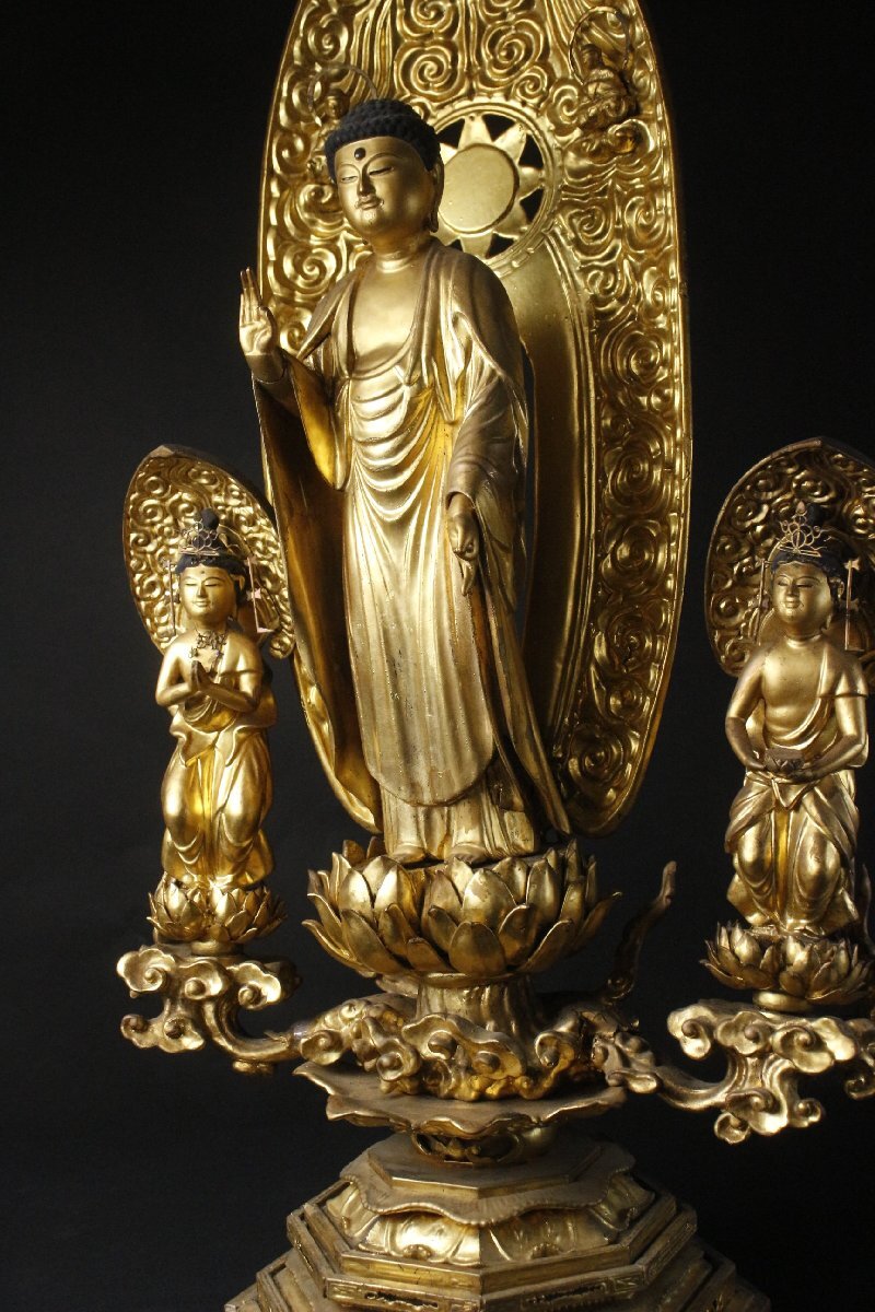 Extra-Large 70cm Giltwood Amida Sanzon Triad Zushi (Gyokugan Eyes) — Black Lacquer Portable Shrine, Edo-Period Style, Museum-Grade Butsuzo