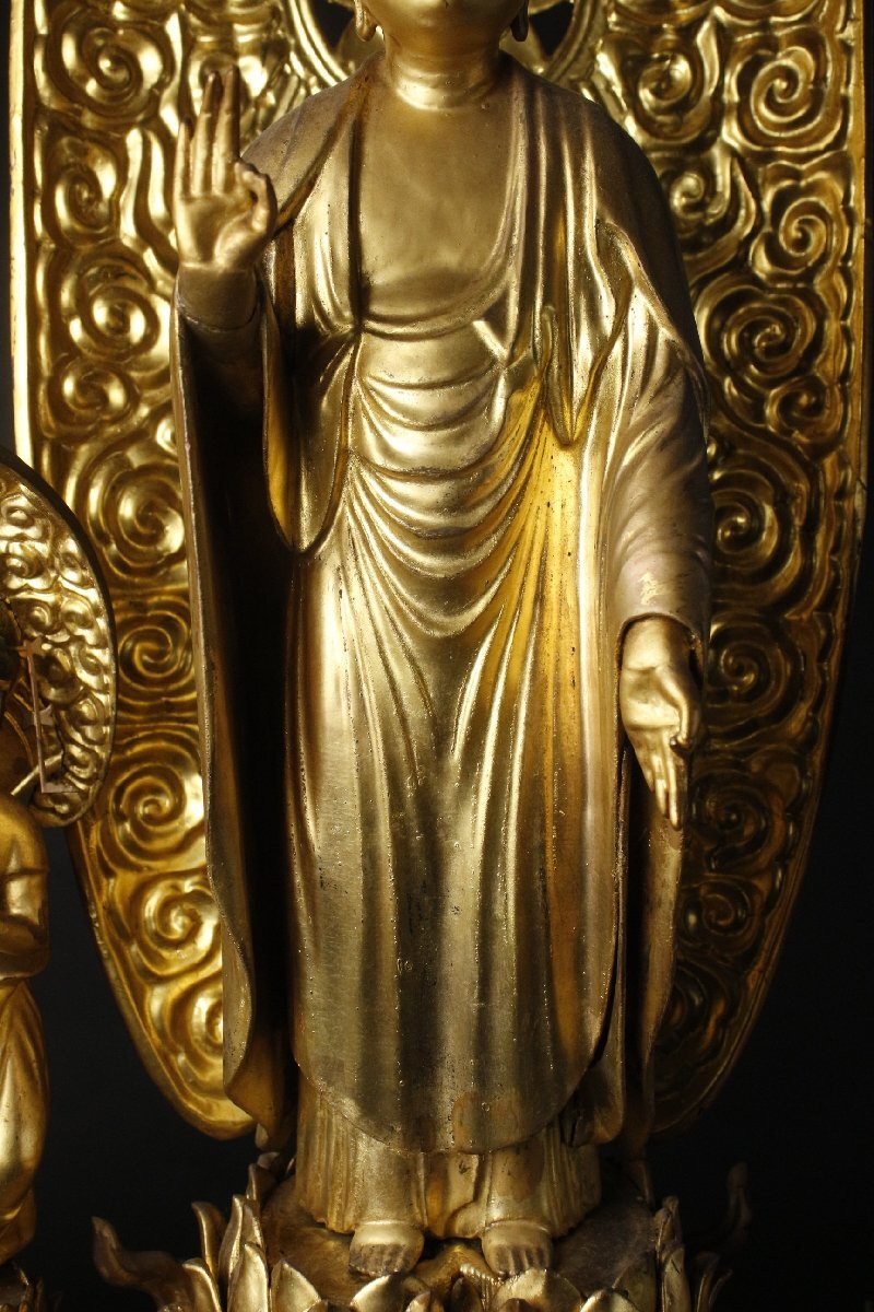 Extra-Large 70cm Giltwood Amida Sanzon Triad Zushi (Gyokugan Eyes) — Black Lacquer Portable Shrine, Edo-Period Style, Museum-Grade Butsuzo