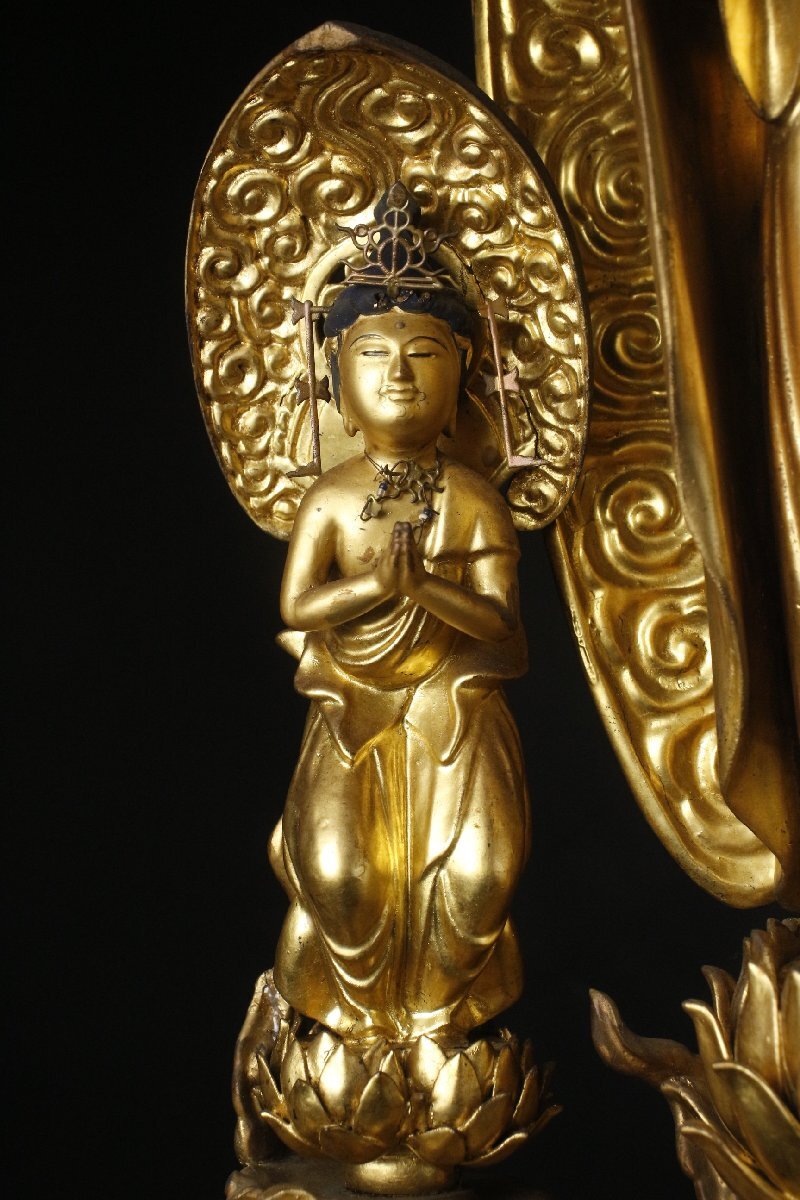 Extra-Large 70cm Giltwood Amida Sanzon Triad Zushi (Gyokugan Eyes) — Black Lacquer Portable Shrine, Edo-Period Style, Museum-Grade Butsuzo