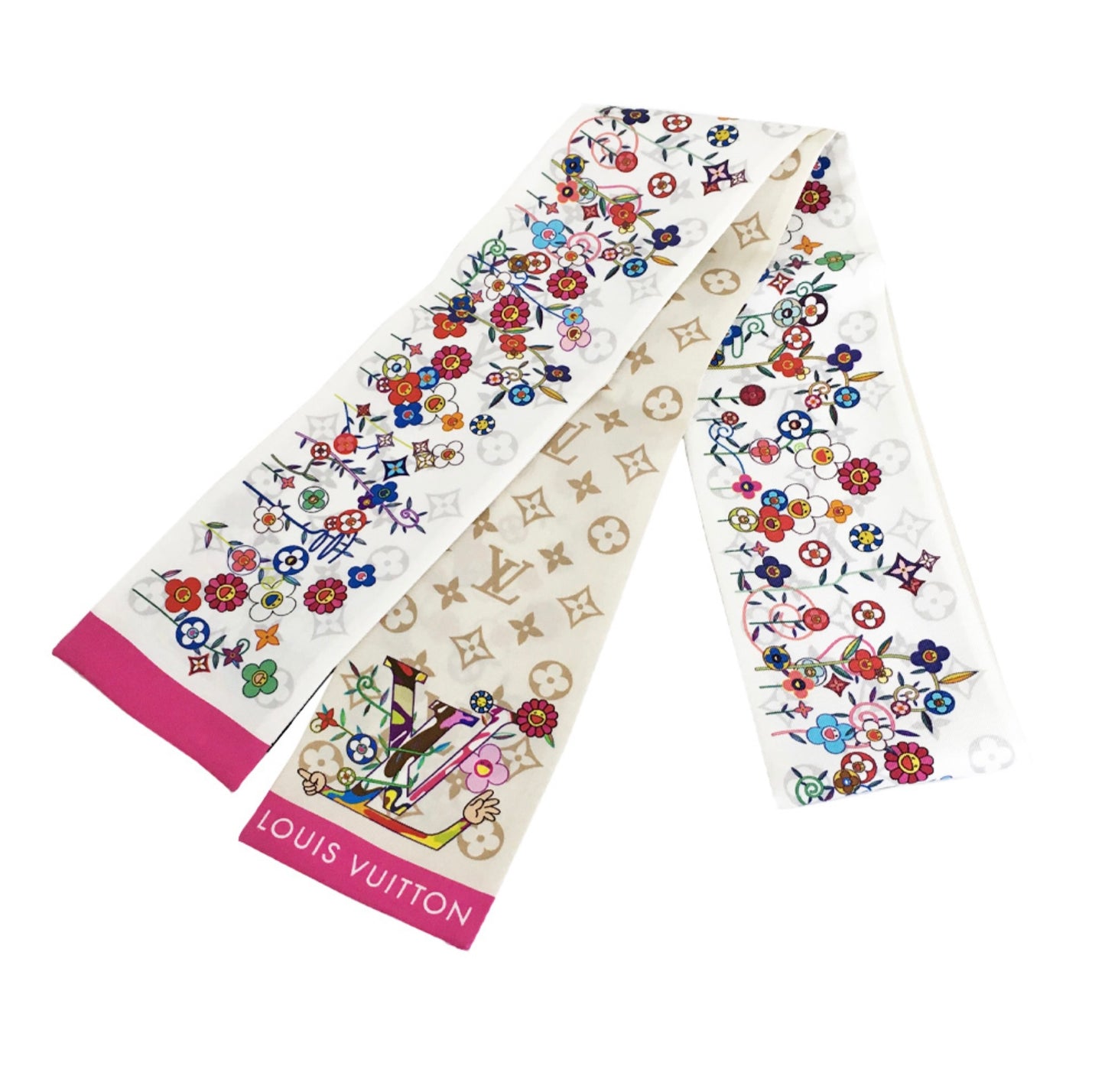 Louis Vuitton × Takashi Murakami Bandeau Superflat M96165 Silk Scarf LV Monogram Flower Slim Twilly White Pink