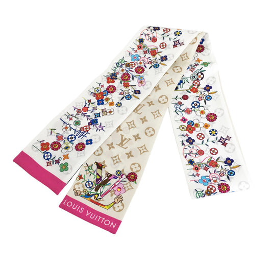 Louis Vuitton × Takashi Murakami Bandeau Superflat M96165 Silk Scarf LV Monogram Flower Slim Twilly White Pink