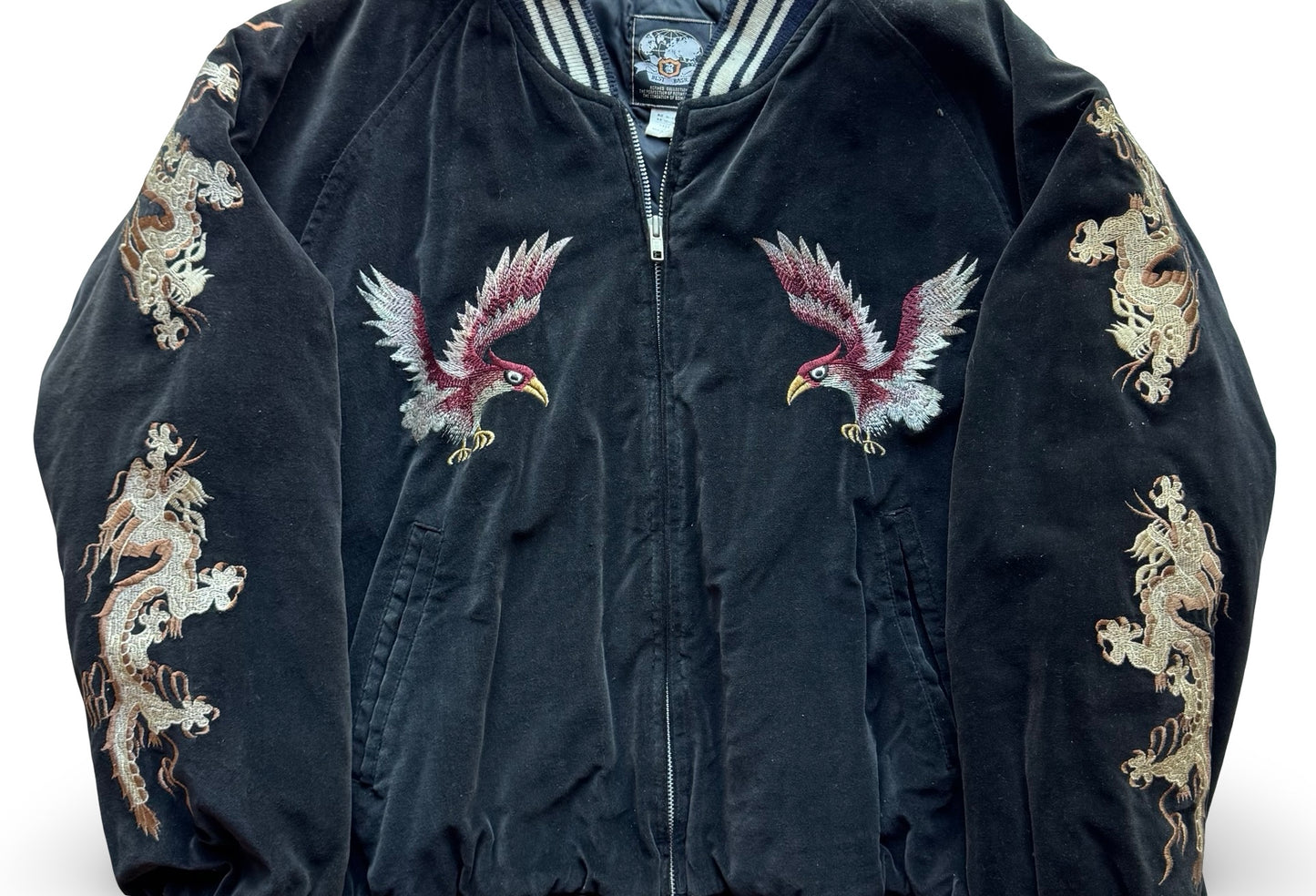 Vintage West-Pac Tour Sukajan Jacket – USS Midway CV-41 Tiger & Dragon Embroidery – Yokosuka Souvenir Sukajan (Velveteen)