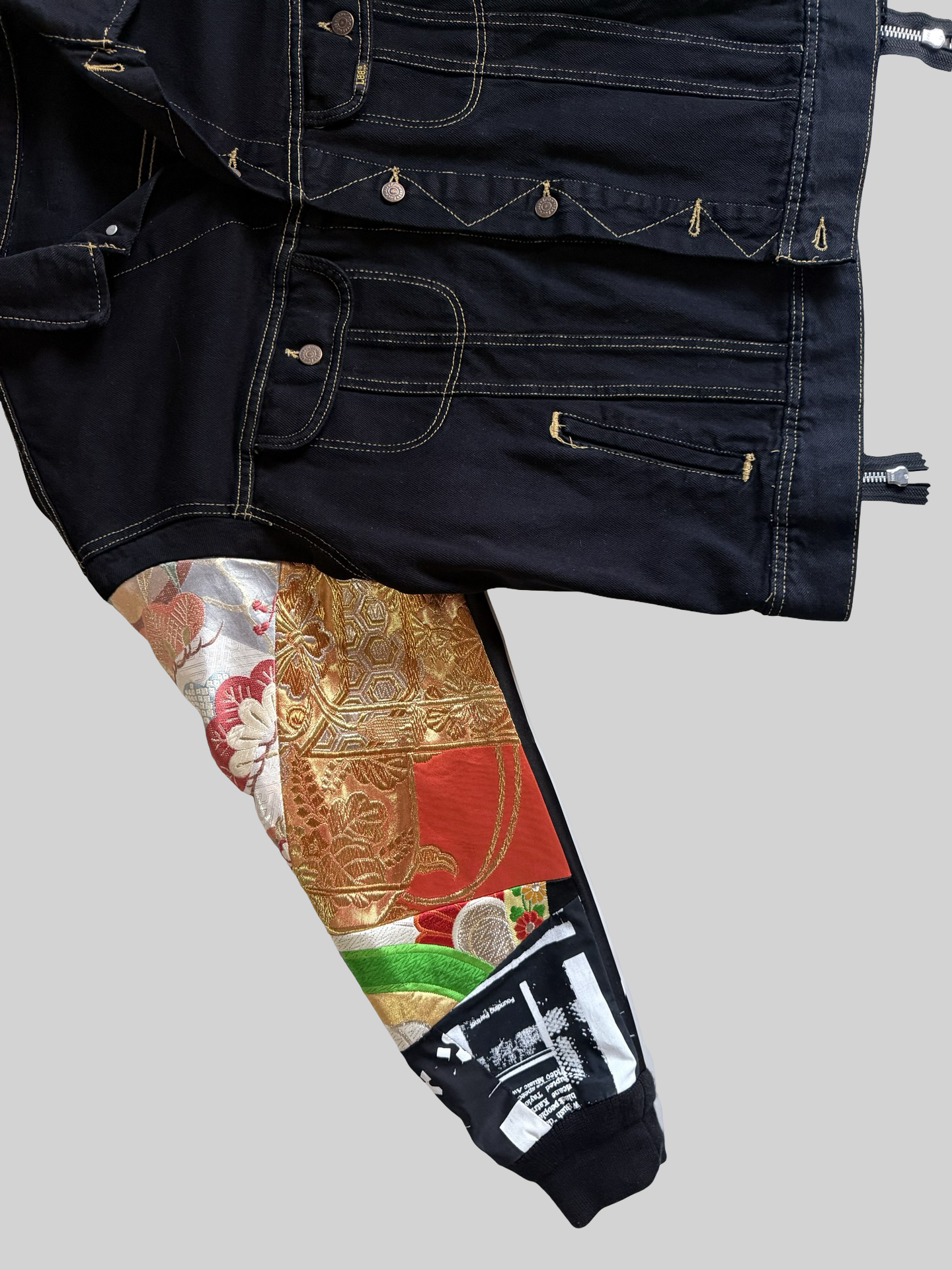 COTE MER Kimono Obi Remake Denim Jacket Silk Brocade Patchwork Japanese Upcycled Designer Jacket L XL