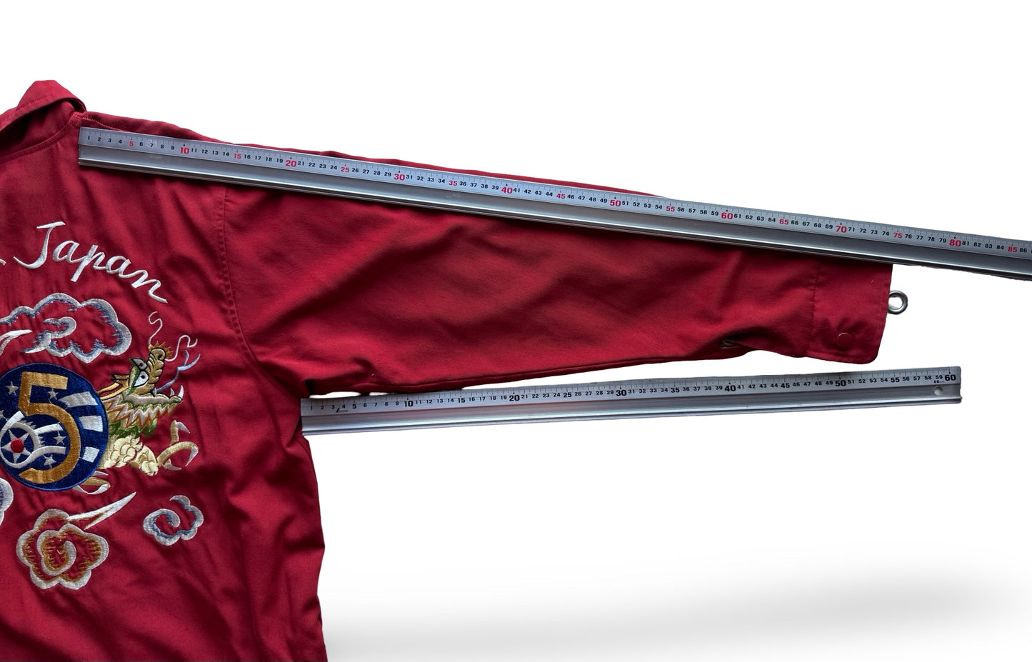 Vintage Tailor Toyo Dragon Souvenir Jacket — Tokyo Japan Embroidery • 5th Air Force Patch • Scarlet Red Sukajan (One-Side Only)