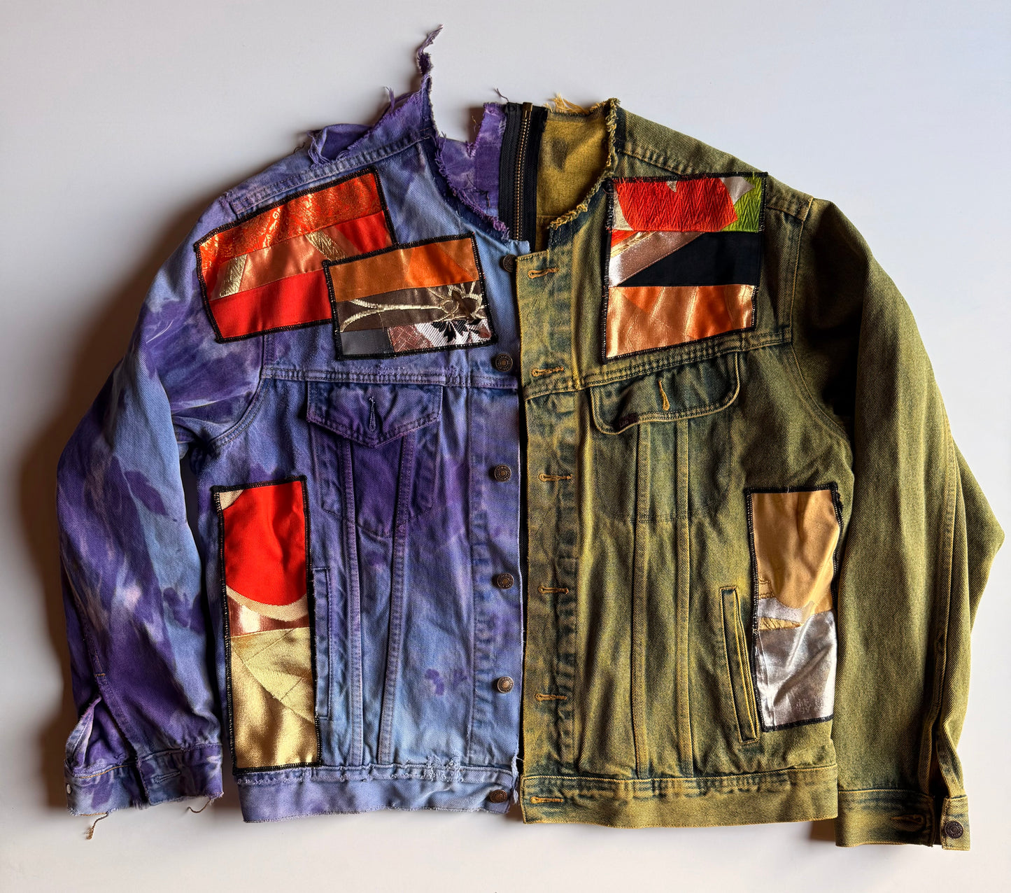 COTÉ MER Kimono Obi Patchwork Denim Remake Jacket L XL Japanese One of One Harajuku Streetwear Wearable Art